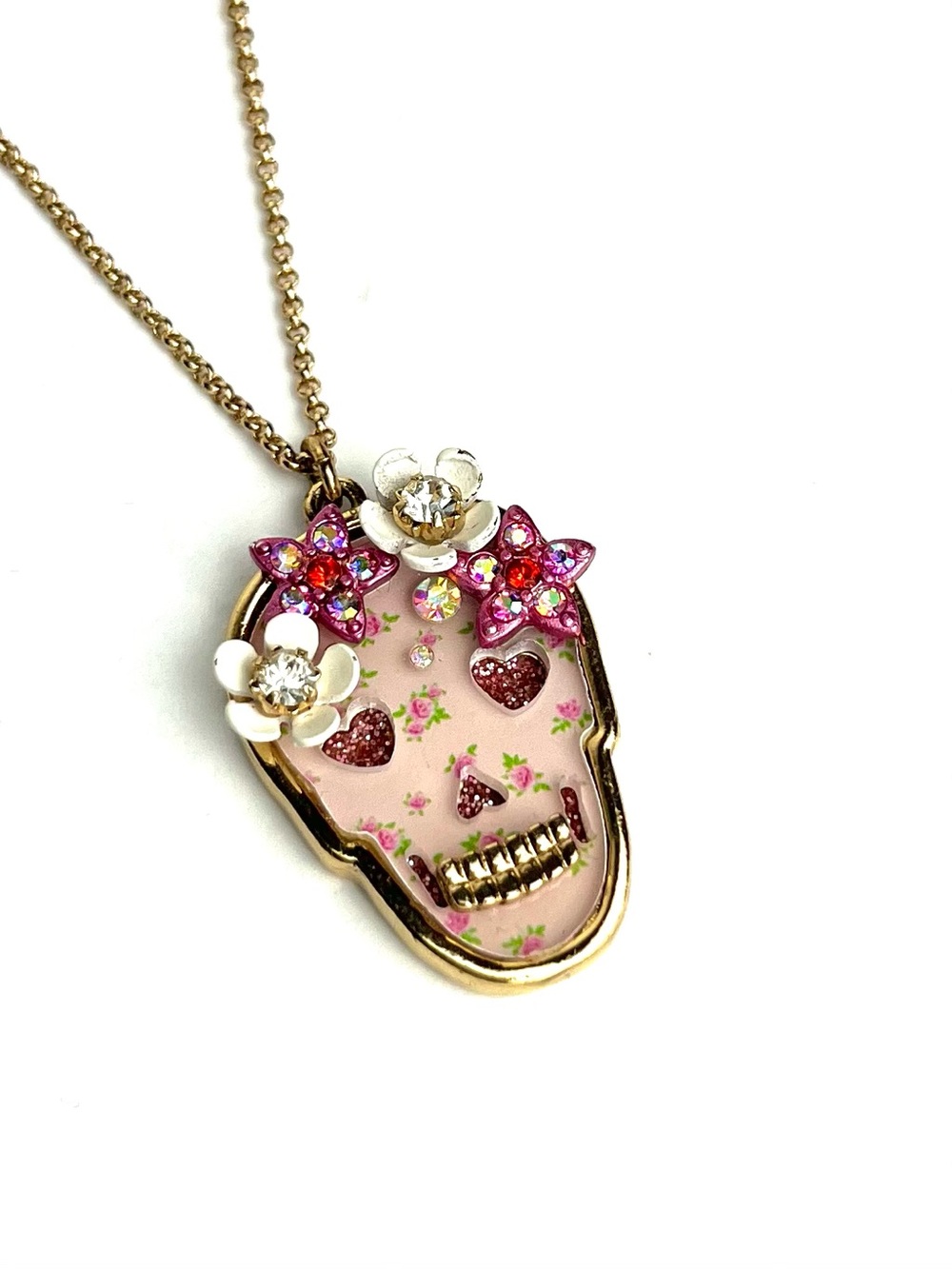 Betsey Johnson Gold Tone Pink Floral Skull Pendant Necklace Goth Bling